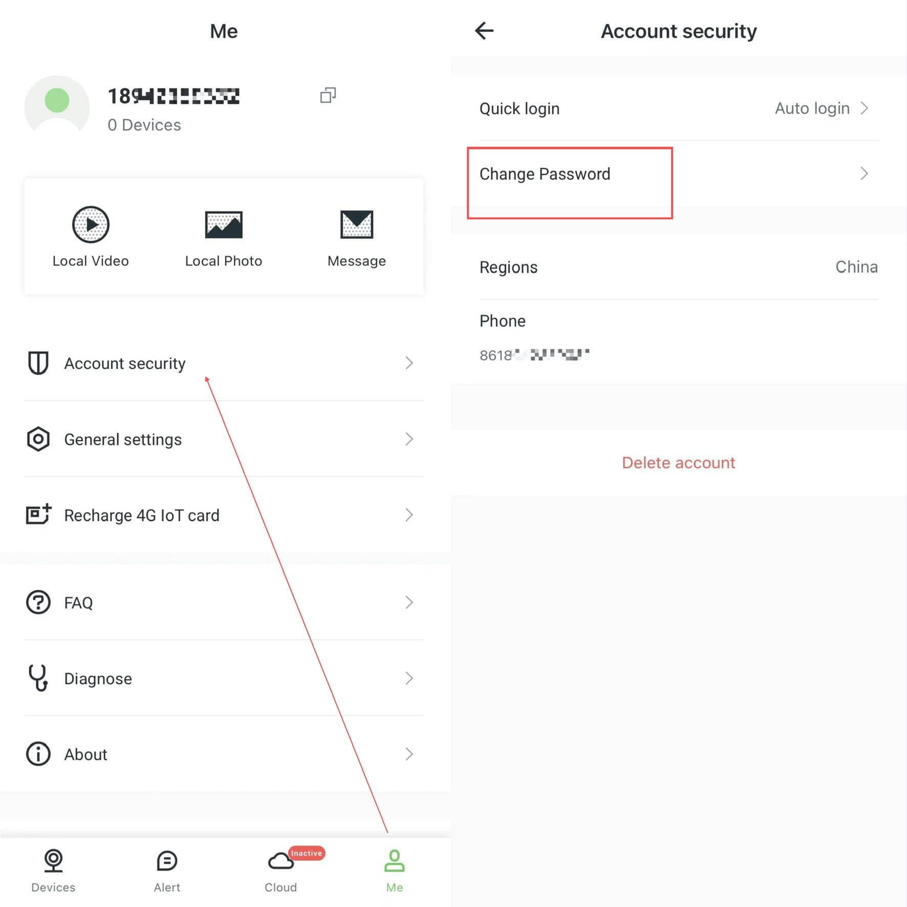 AJCloud App - Mein Konto und die Option Passwort ändern unter Kontosicherheit