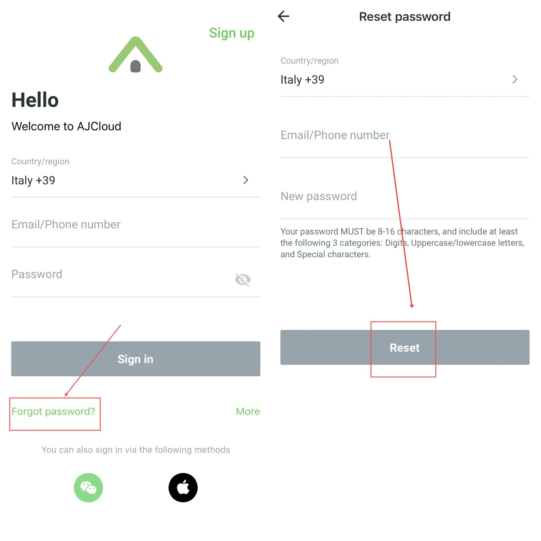 AJCloud App - Anmeldeseite mit Passwort vergessen und Passwort-zurücksetzen-Bildschirm
