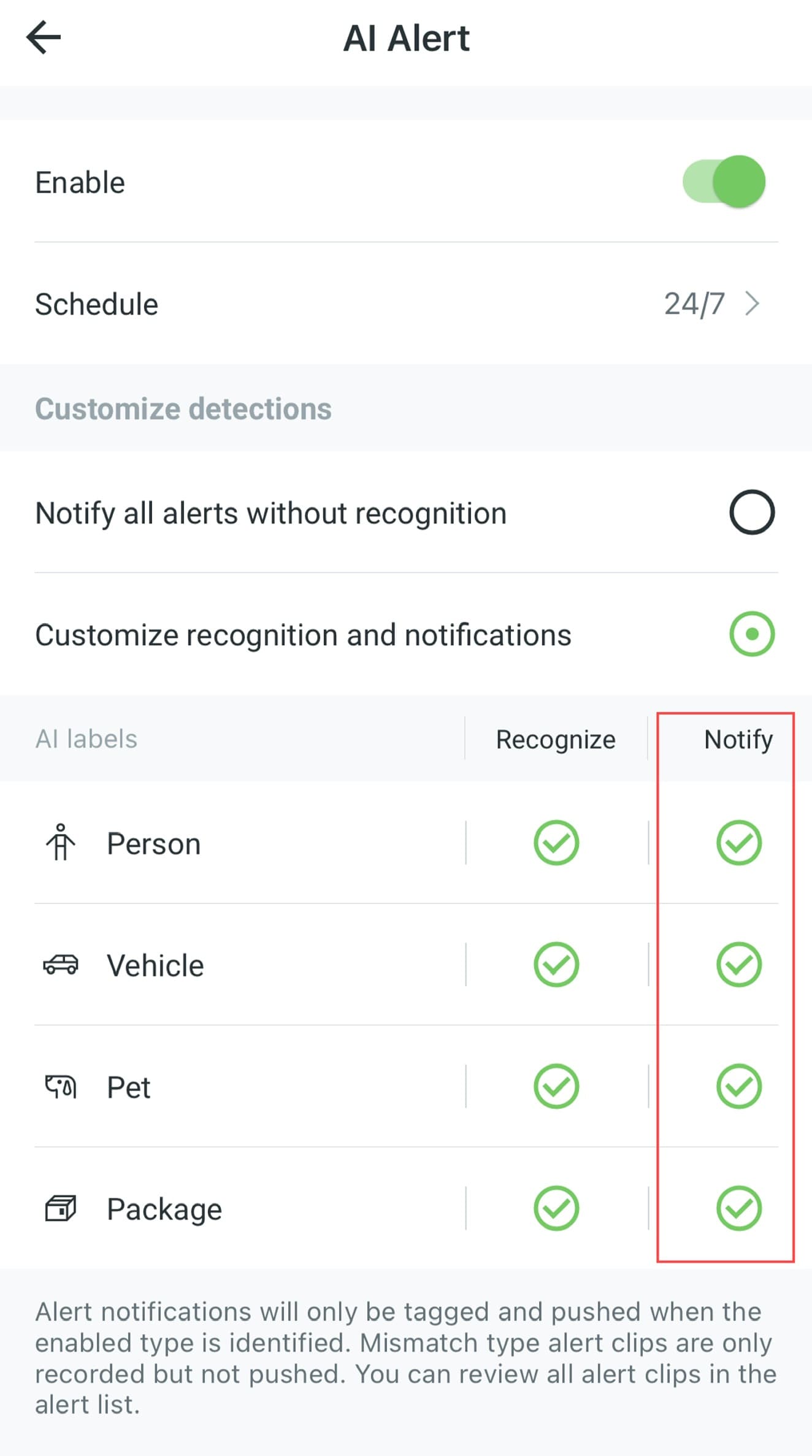 Aplikasi AJCloud - Kustomisasi pengenalan dan notifikasi peringatan AI: Orang, Kendaraan, Hewan peliharaan, Paket dengan opsi pengenalan dan notifikasi