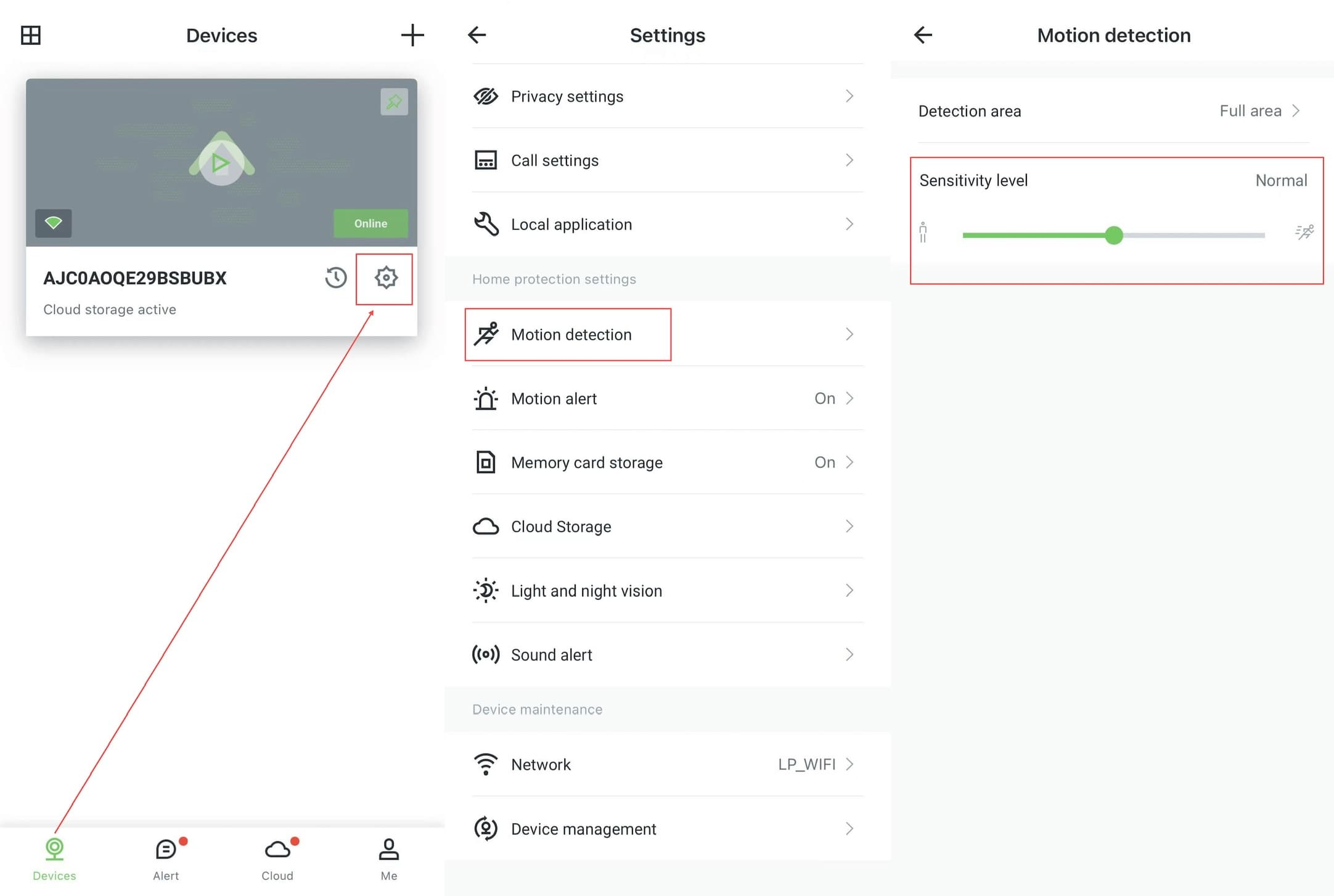 AJCloud App - Instellingen gevoeligheid bewegingsdetectie: Apparatenpagina → Instellingen → Bewegingsdetectie → Gevoeligheidsniveau