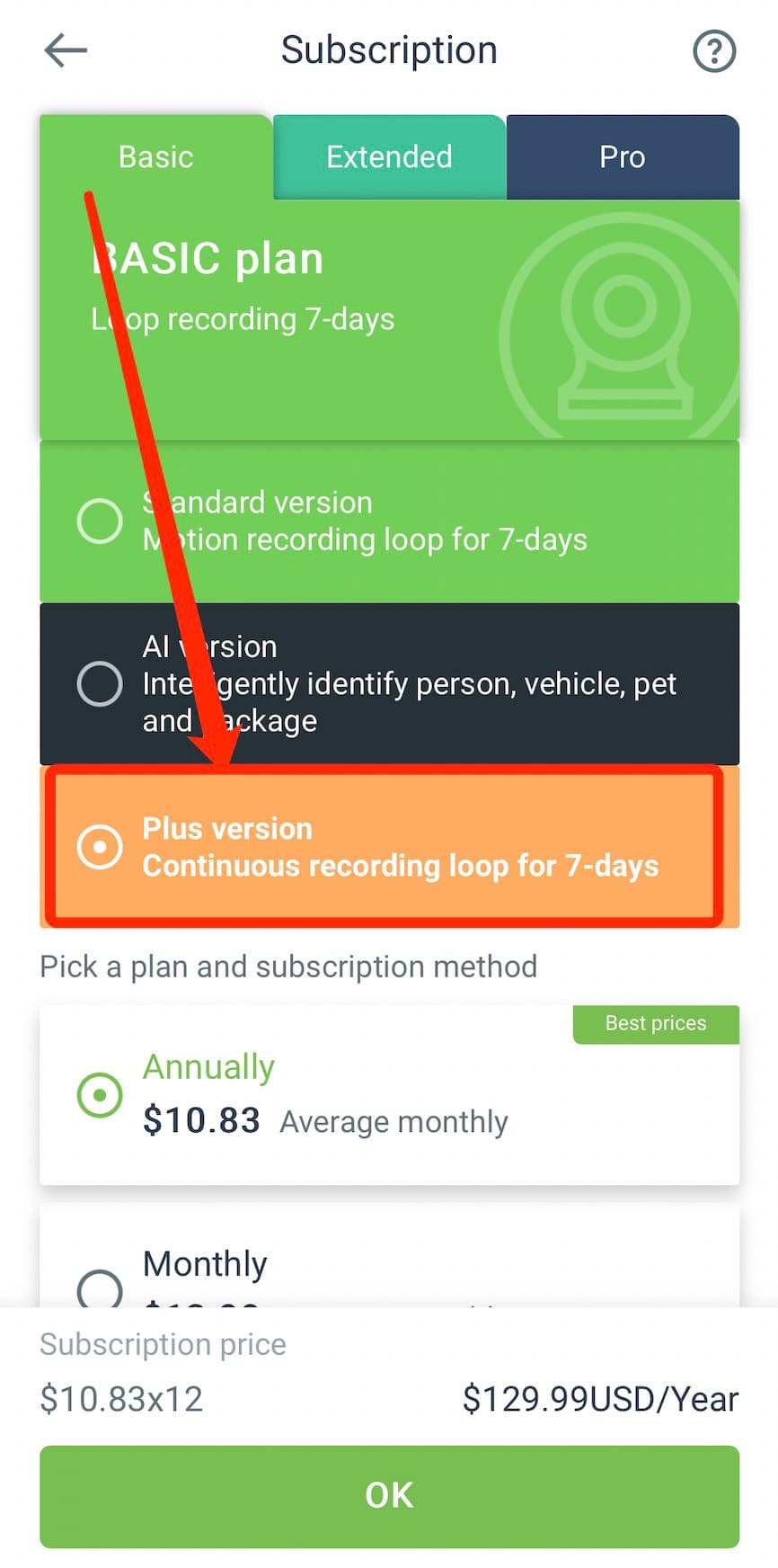 AJCloud App - Pagina abbonamento con piano Basic Plus e registrazione continua in loop di 7 giorni