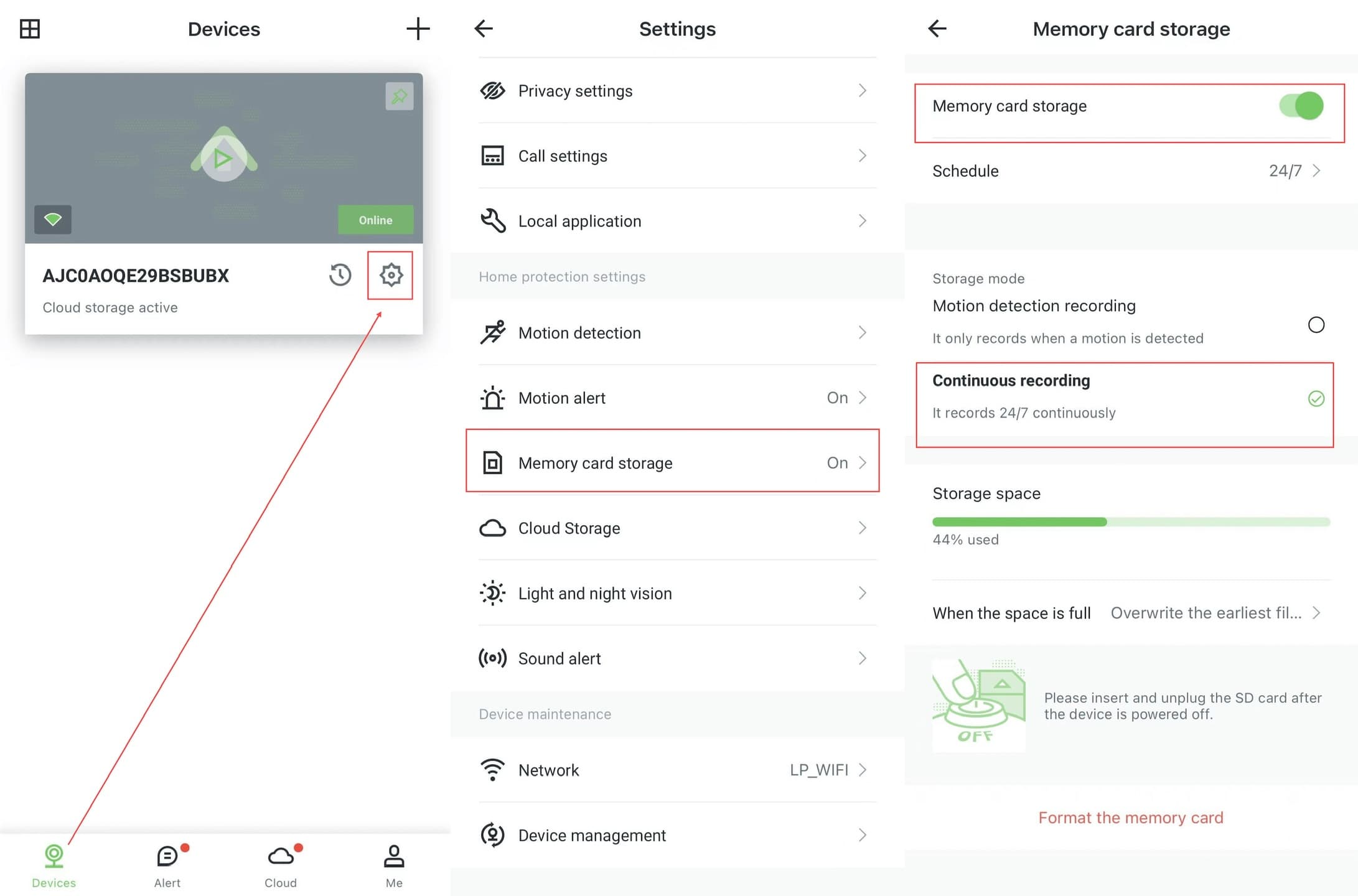 AJCloud App - Passaggi per configurare la registrazione continua: Pagina Dispositivi → Impostazioni → Archiviazione scheda di memoria → Registrazione continua