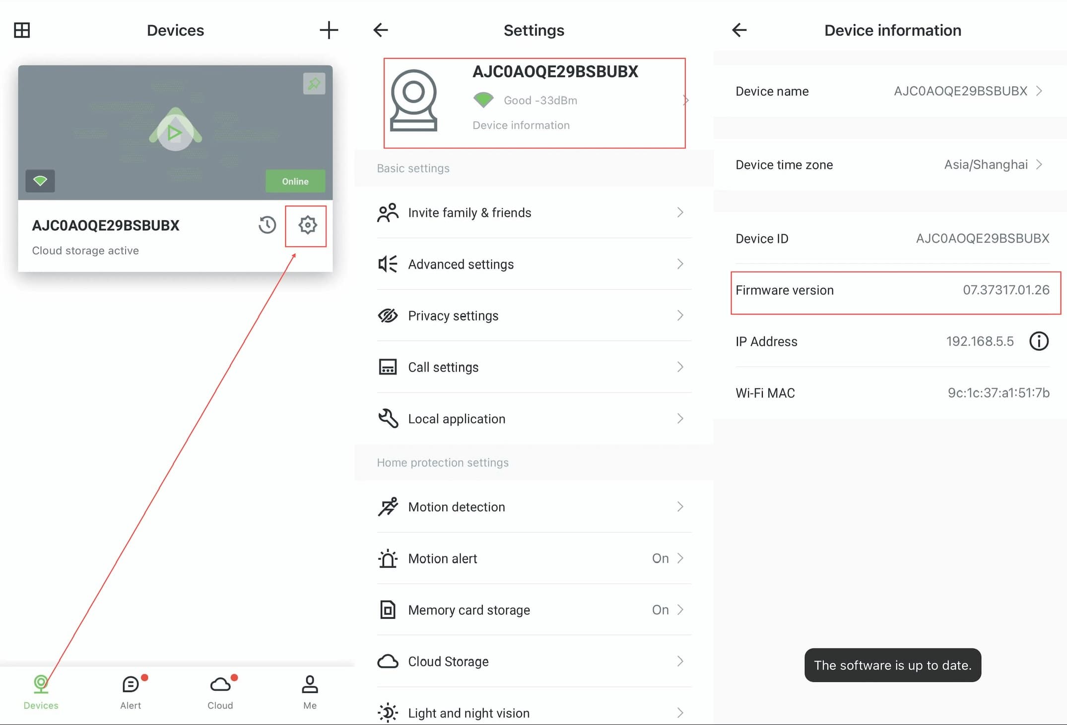 Aplikacja AJCloud - Kroki sprawdzania i aktualizacji wersji oprogramowania: Strona Urządzeń → Ustawienia → Informacje o urządzeniu