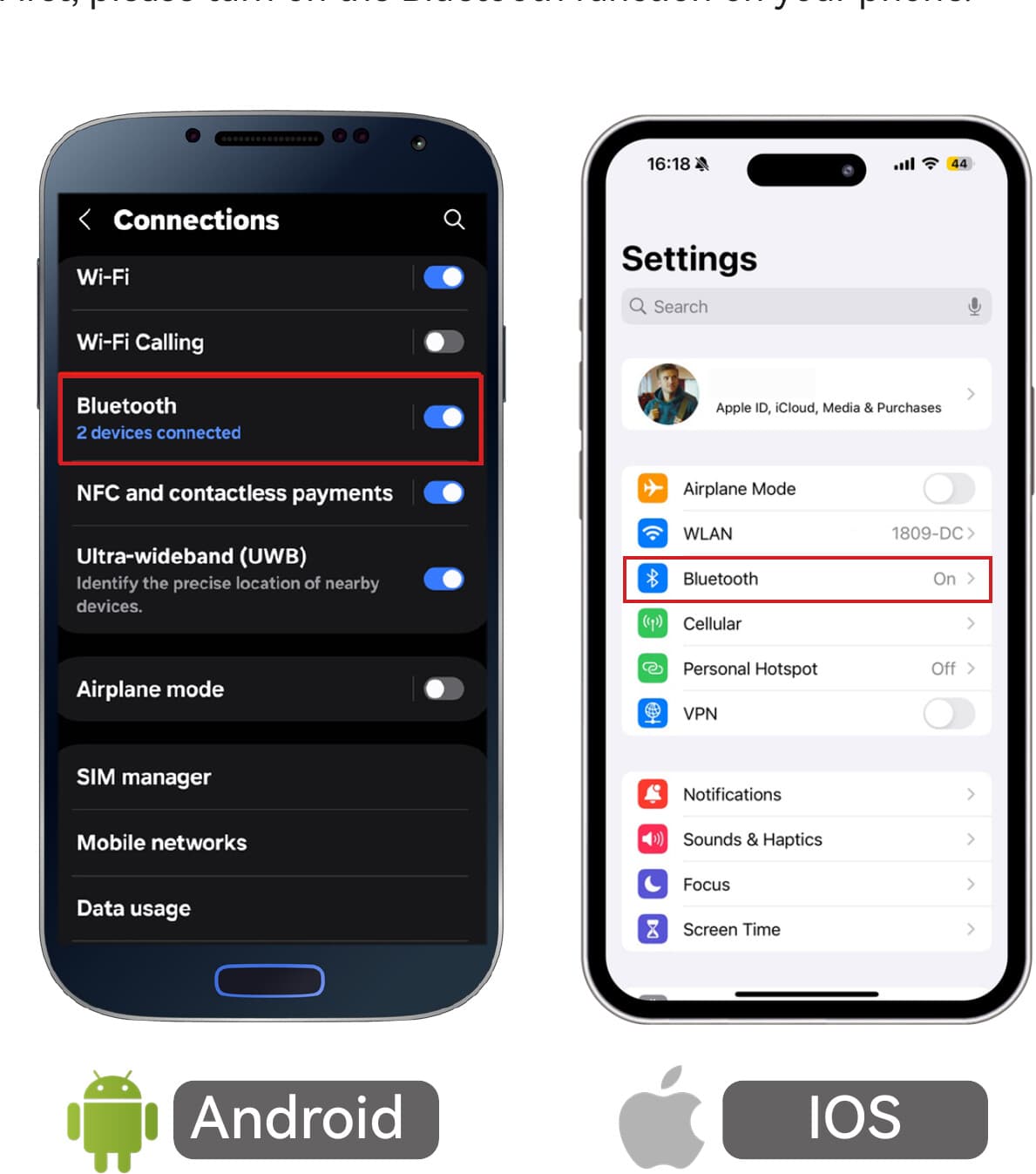 Zapnutí Bluetooth v nastavení telefonu (Android a iOS)