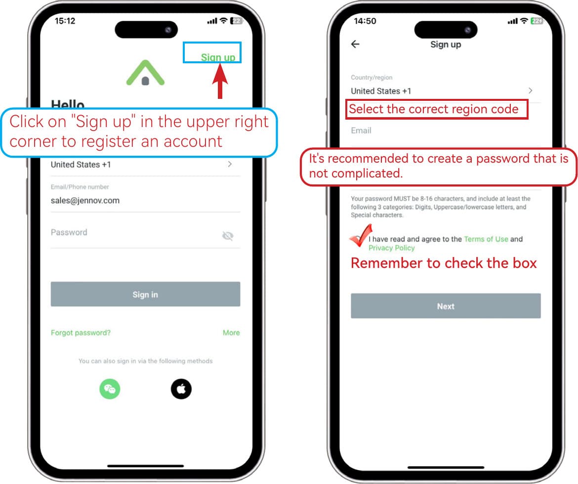 Pantalla de registro: toca Registrarse, selecciona el código de región y crea una contraseña