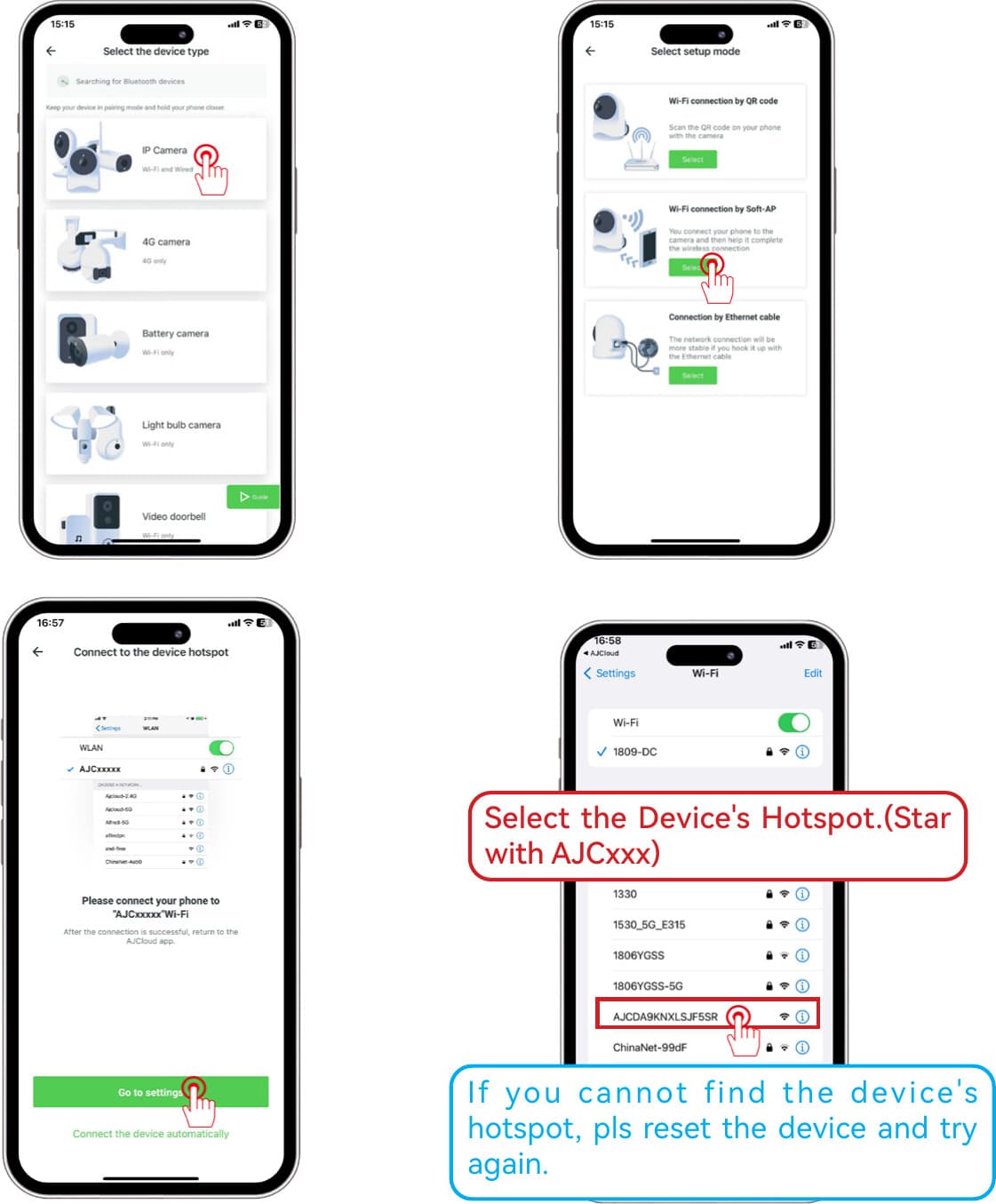 Sélectionnez le type d'appareil et le mode de configuration Soft-AP, puis connectez-vous au point d'accès de l'appareil commençant par AJCxxx
