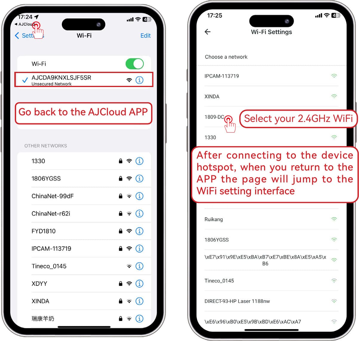 Revenez à l'application AJCloud et sélectionnez votre réseau Wi-Fi 2.4 GHz