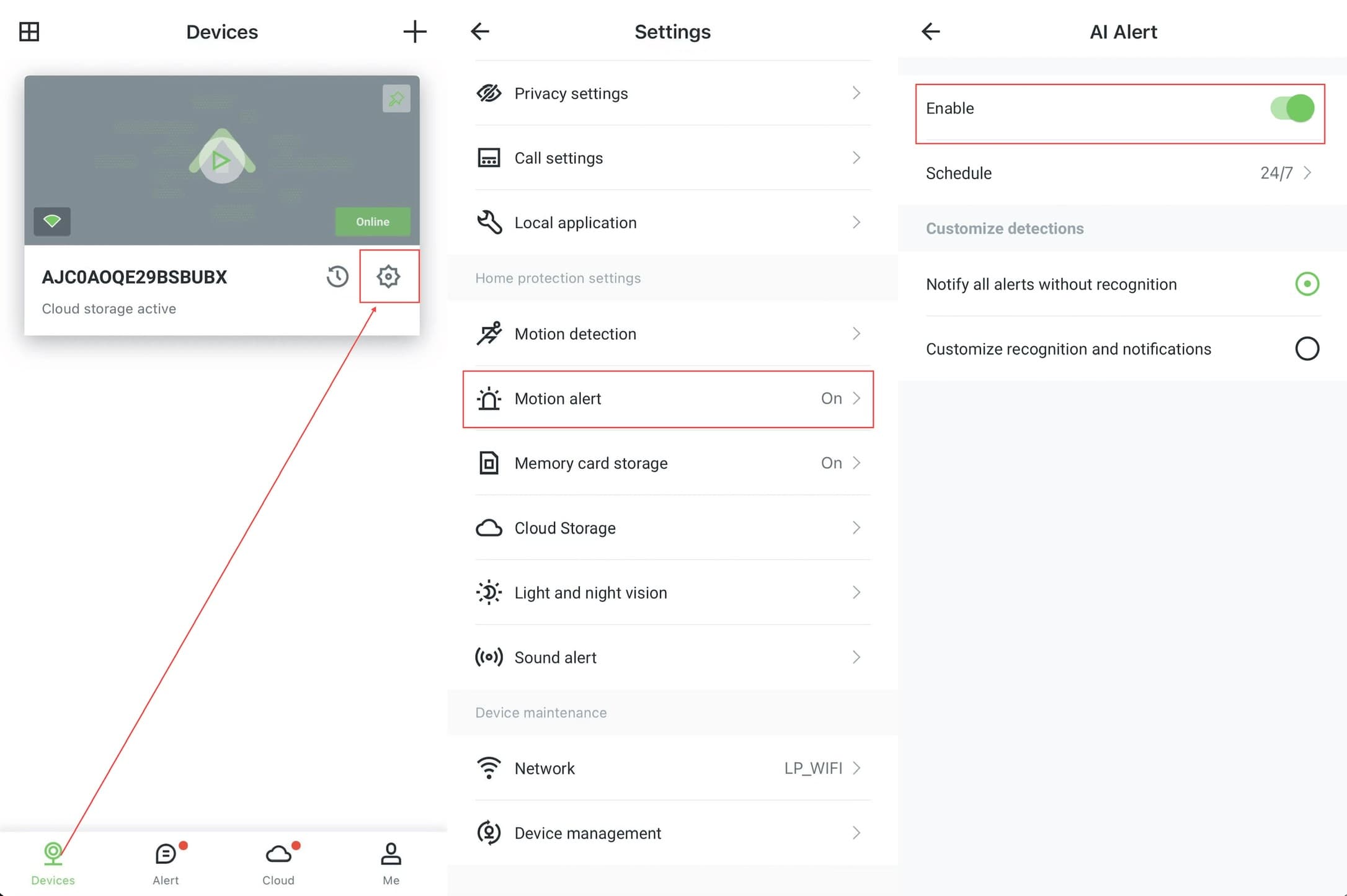 Application AJCloud - Étapes d'activation de l'alerte de mouvement : Page Appareils → Paramètres → Alerte de mouvement → Alerte IA