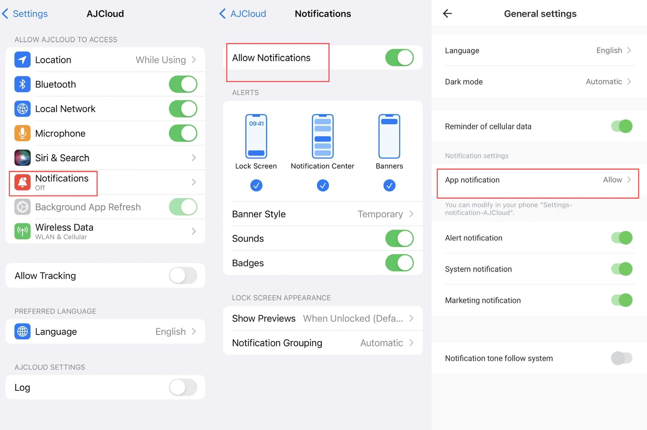 Réglages iOS - Paramètres de notification AJCloud et paramètres généraux affichant le statut de notification de l'application
