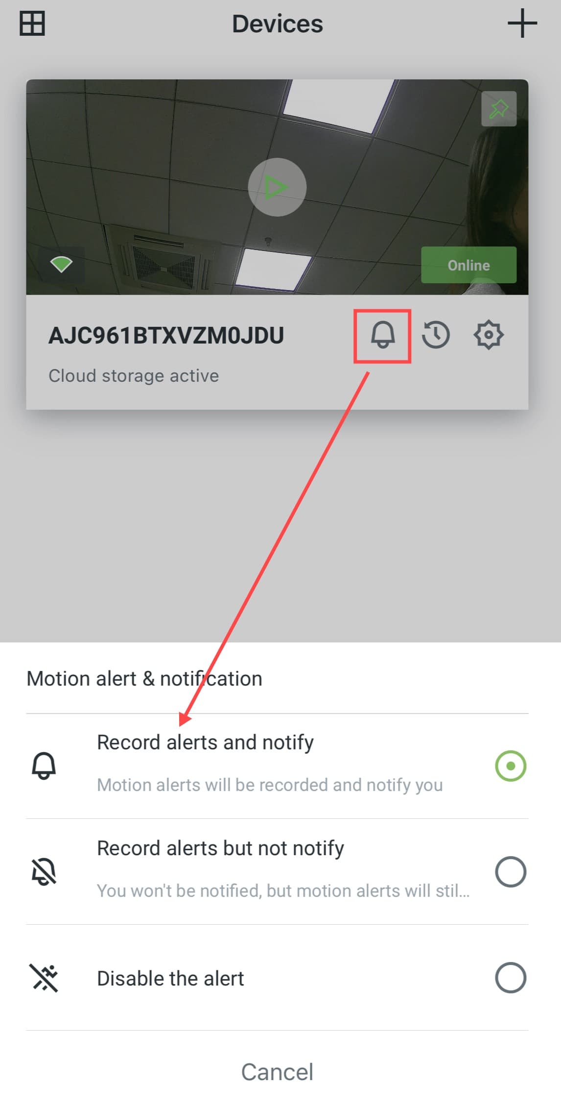 Application AJCloud - Options d'alerte de mouvement et notification : Enregistrer les alertes et notifier, Enregistrer les alertes sans notifier, Désactiver l'alerte
